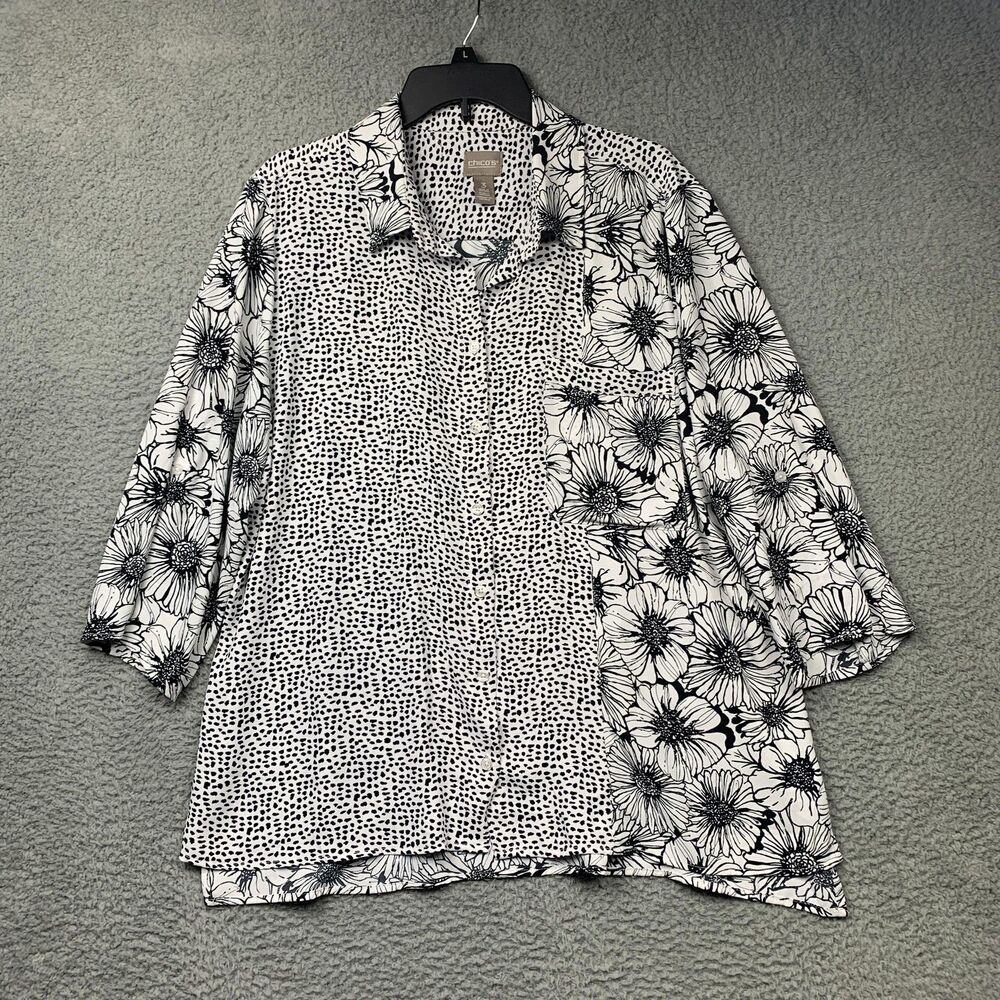 Chicos Shirt Womens 3 Black White Floral Dot Print Button Front Top Tunic Blouse